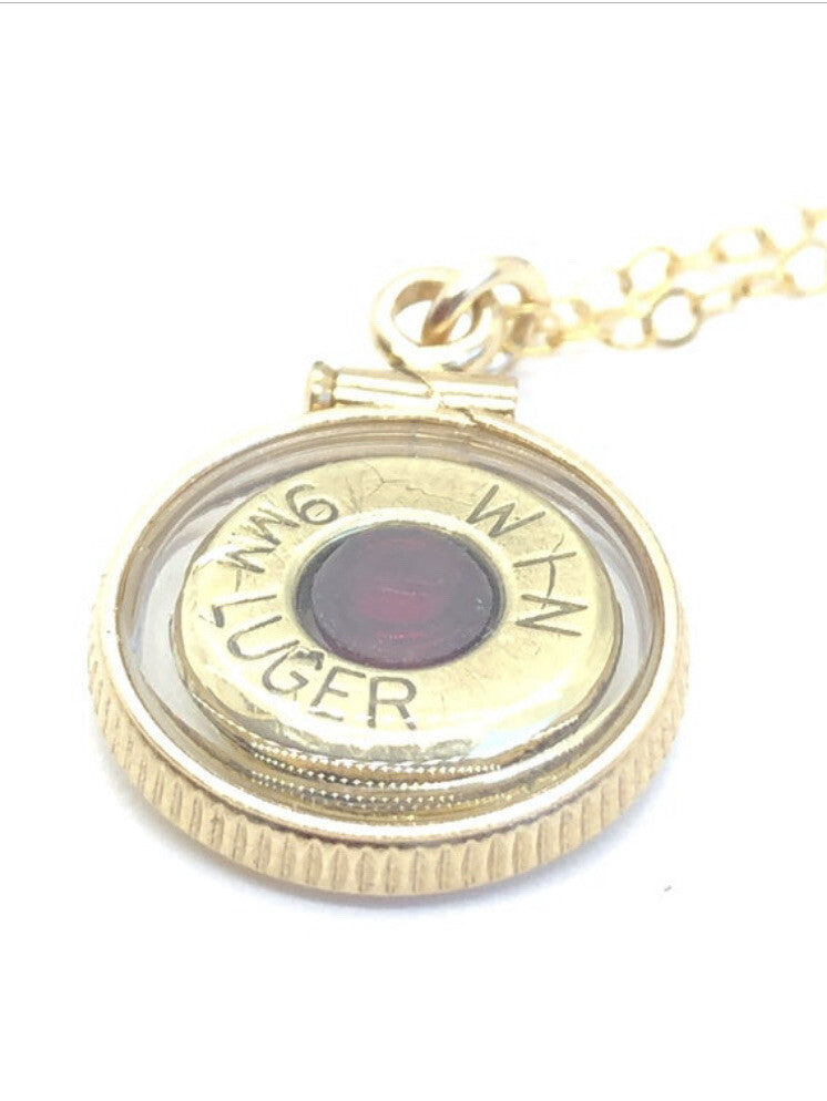 Handmade 14k gold filled 9 mm bullet view locket, with a genuine garnet