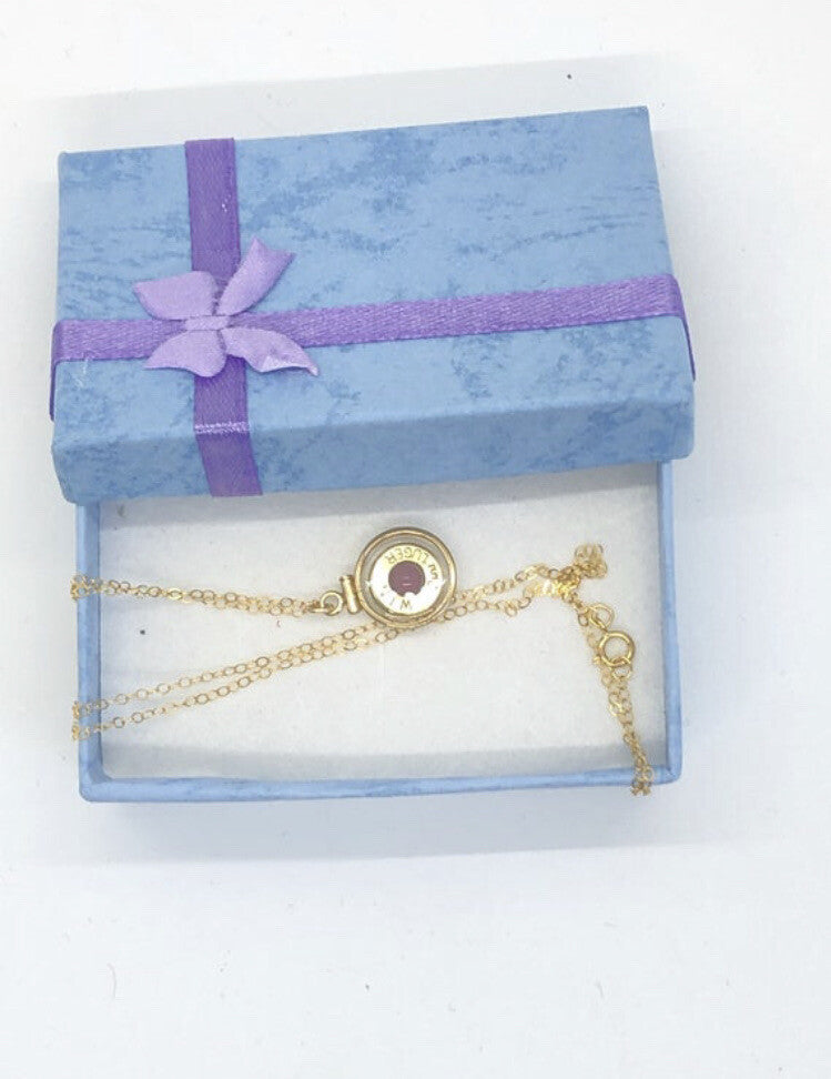 Handmade 14k gold filled 9 mm bullet view locket, with a genuine garnet