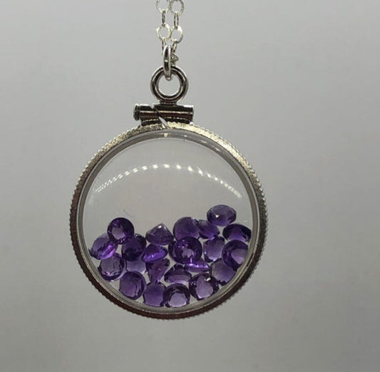 20 mm Sterling Silver Shaker locket with 2.4 TCW genuine Amethyst Gems, Feb