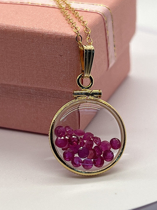 14k Solid gold dime size Lucite Shaker Locket with Rubies July  birthday 1.95 ct