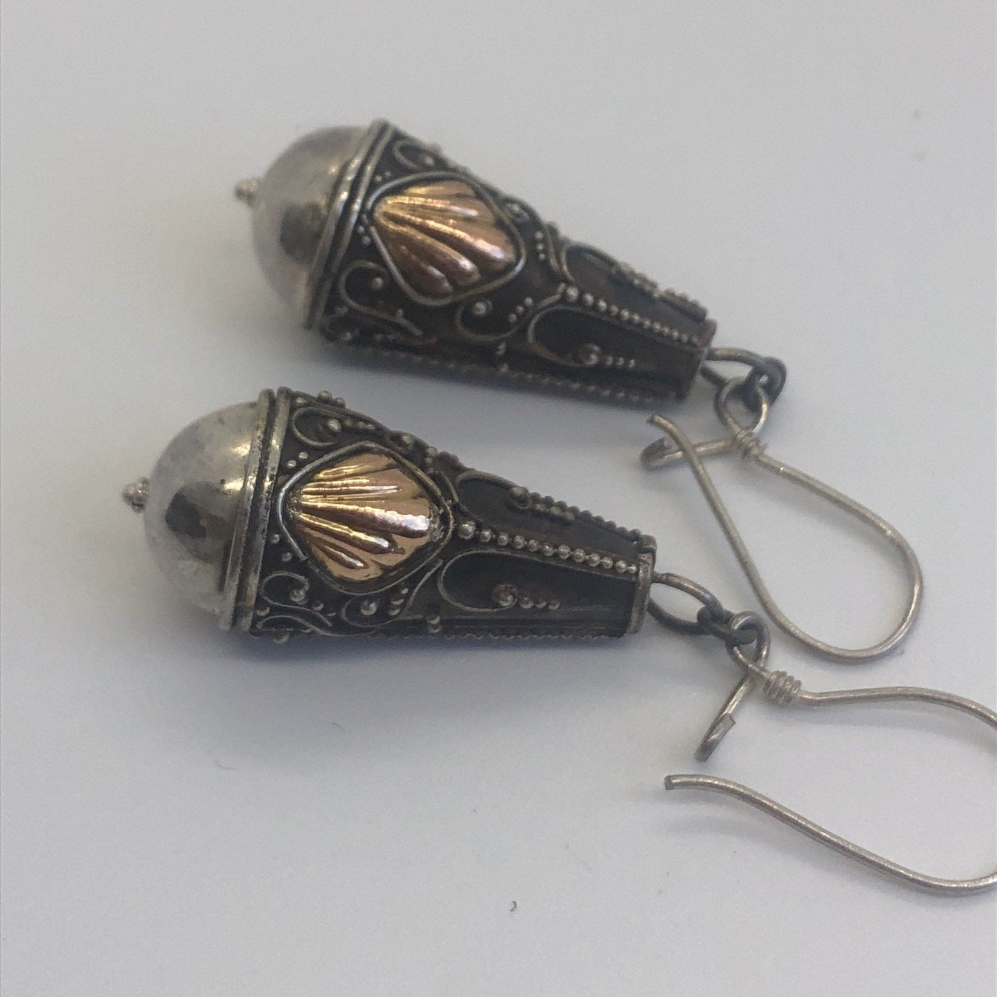 Vintage Handmade Sterling Silver and Gold Wash  Earrings Indonesia, Vintage old stock, ornate