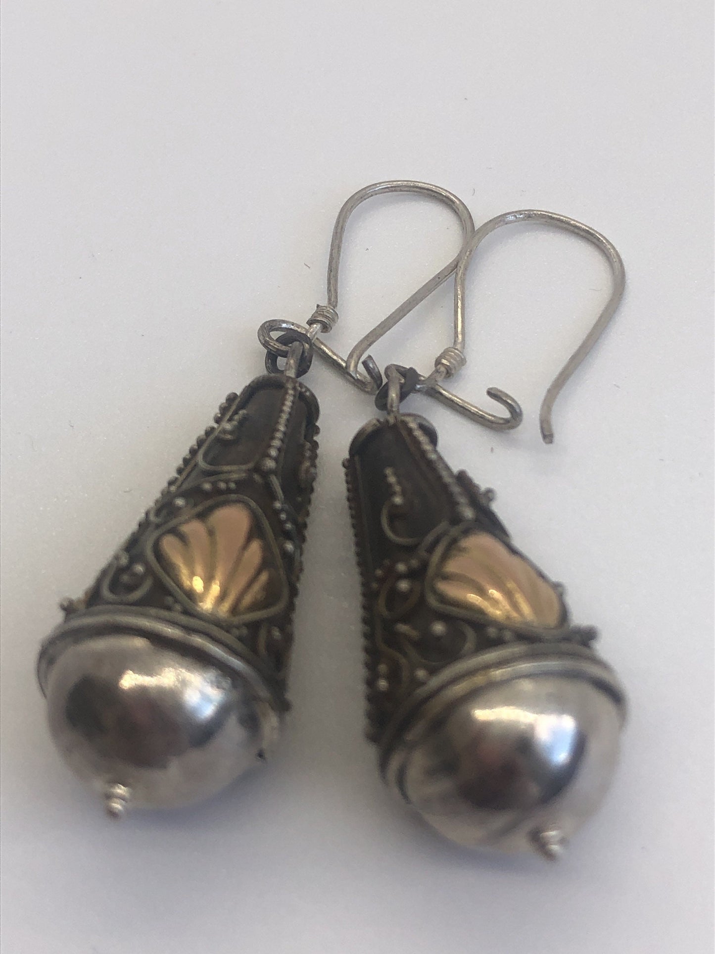 Vintage Handmade Sterling Silver and Gold Wash  Earrings Indonesia, Vintage old stock, ornate