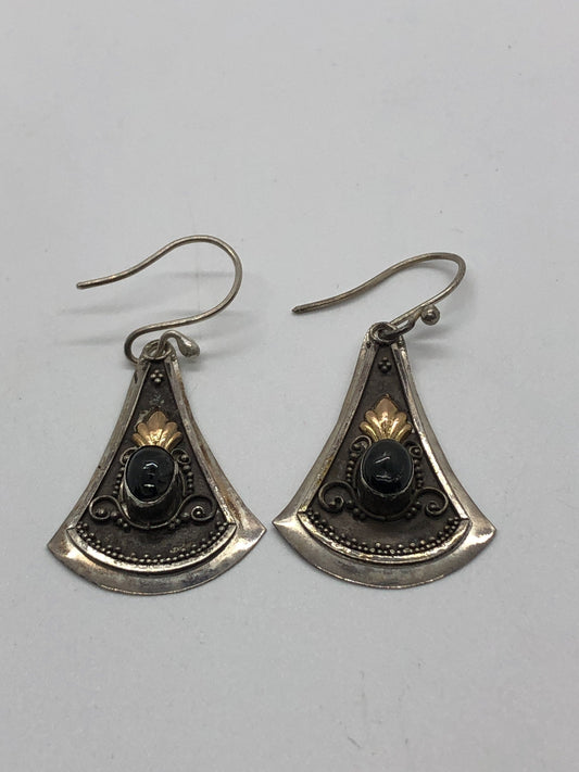 Large Handmade Sterling, Onyx  and gold wash french hook Earrings Indonesia, Vintage new old stock, Beautiful