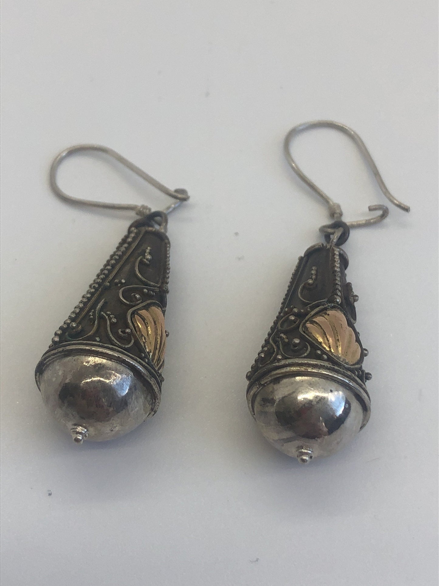 Vintage Handmade Sterling Silver and Gold Wash  Earrings Indonesia, Vintage old stock, ornate