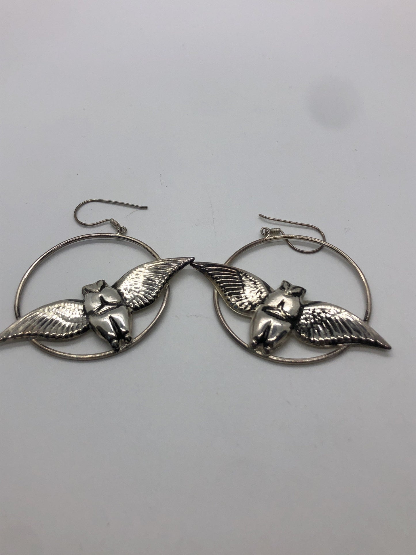 Large Owl hoop Handmade Sterling Silver Earrings Indonesia, Vintage old stock, Beautiful and massive