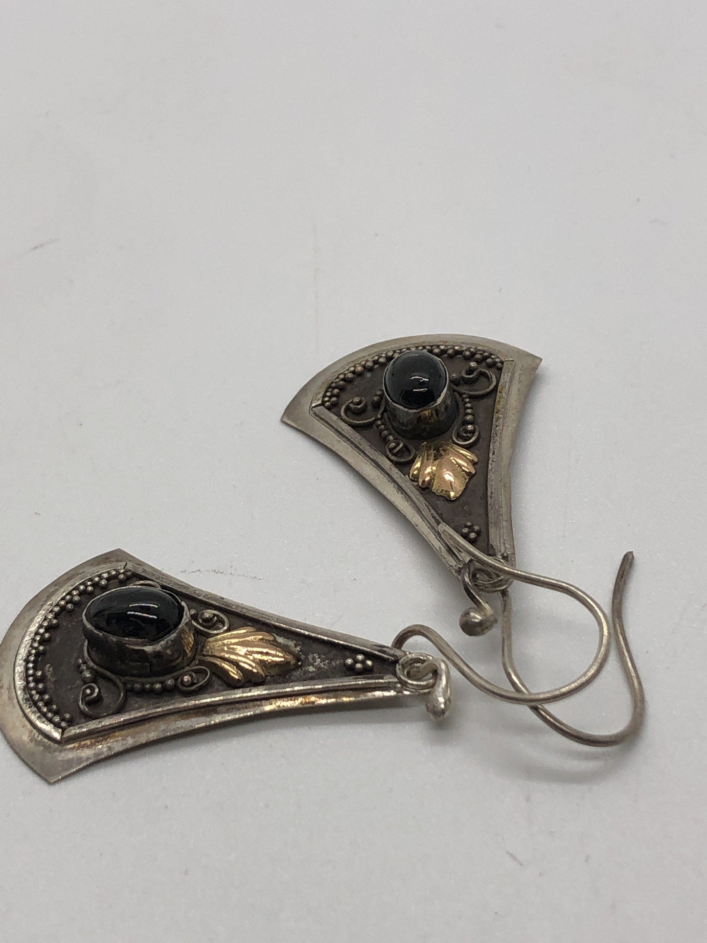 Large Handmade Sterling, Onyx  and gold wash french hook Earrings Indonesia, Vintage new old stock, Beautiful