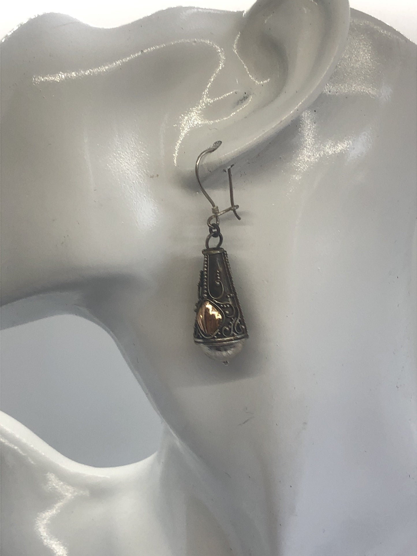 Vintage Handmade Sterling Silver and Gold Wash  Earrings Indonesia, Vintage old stock, ornate