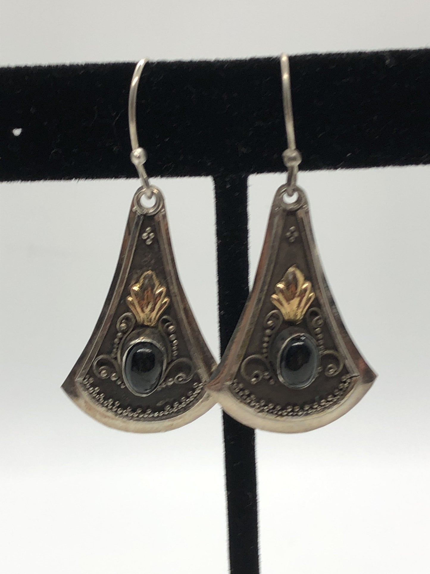 Large Handmade Sterling, Onyx  and gold wash french hook Earrings Indonesia, Vintage new old stock, Beautiful