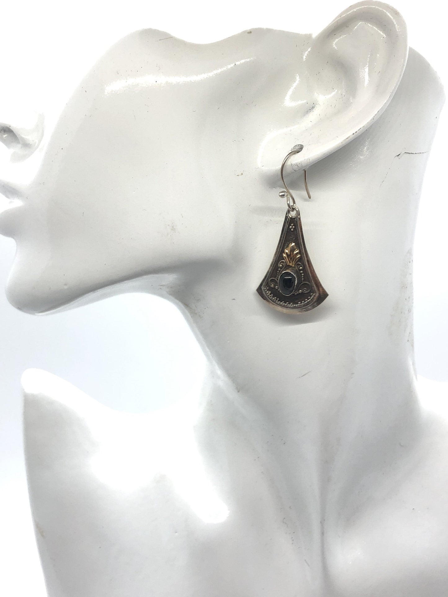Large Handmade Sterling, Onyx  and gold wash french hook Earrings Indonesia, Vintage new old stock, Beautiful