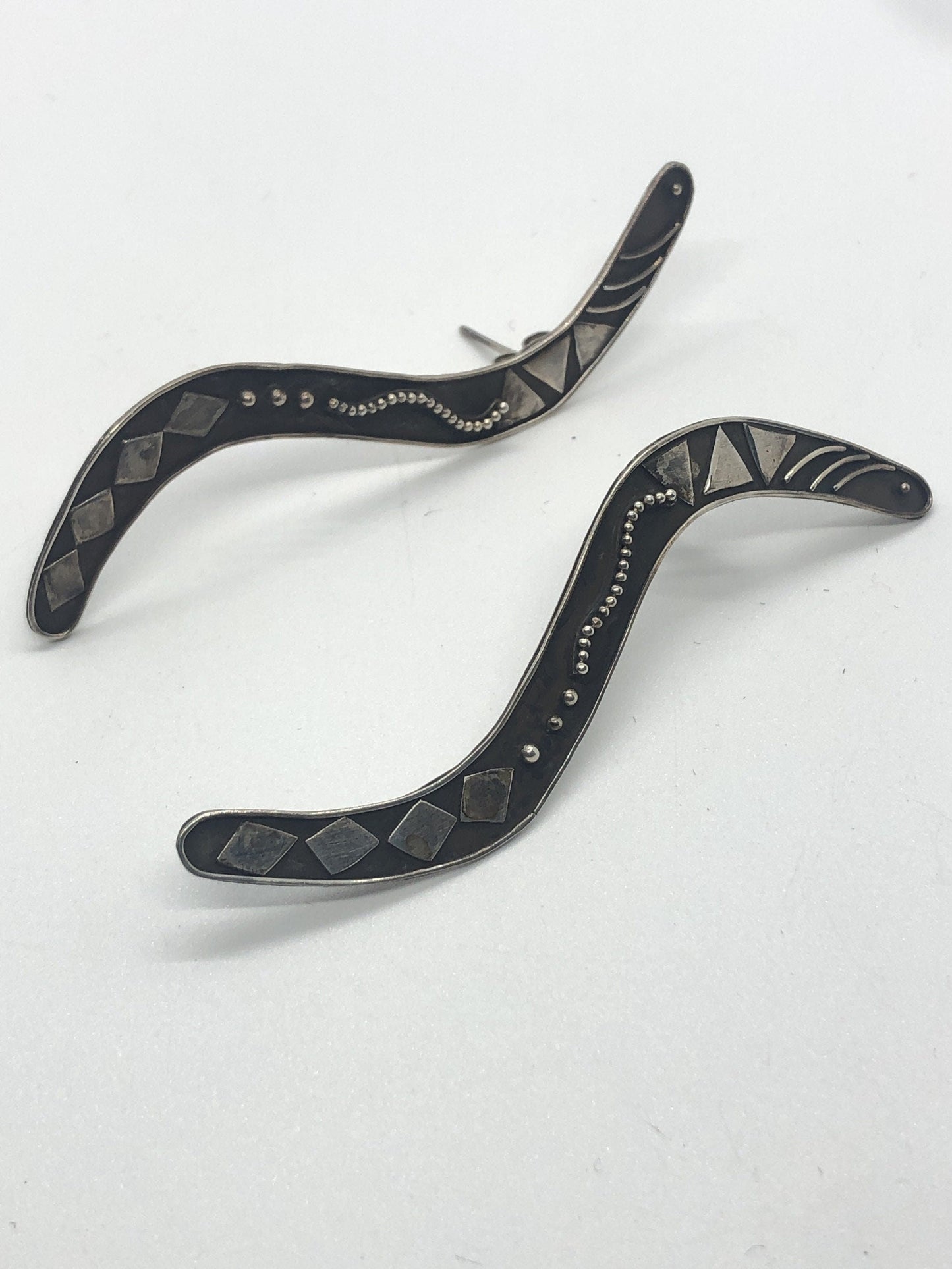 Large Sterling Silver boomerang shape earrings new vintage old stock, Indonesia Post back