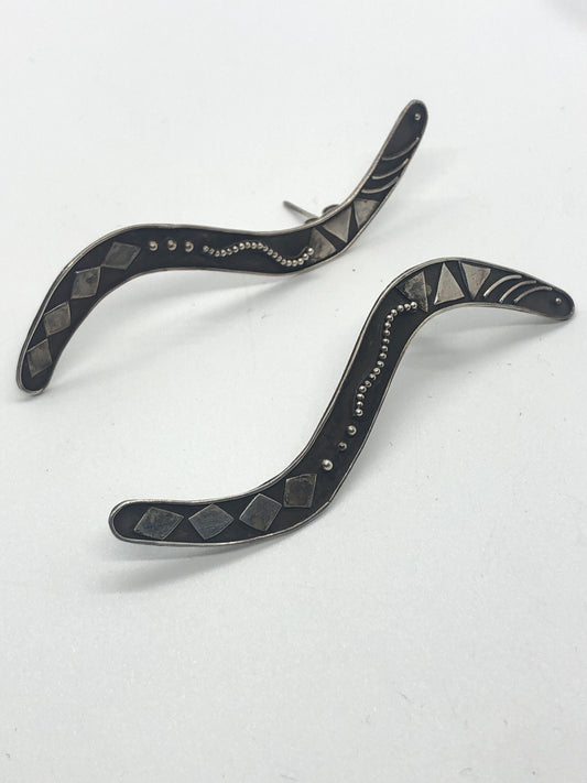 Large Sterling Silver boomerang shape earrings new vintage old stock, Indonesia Post back