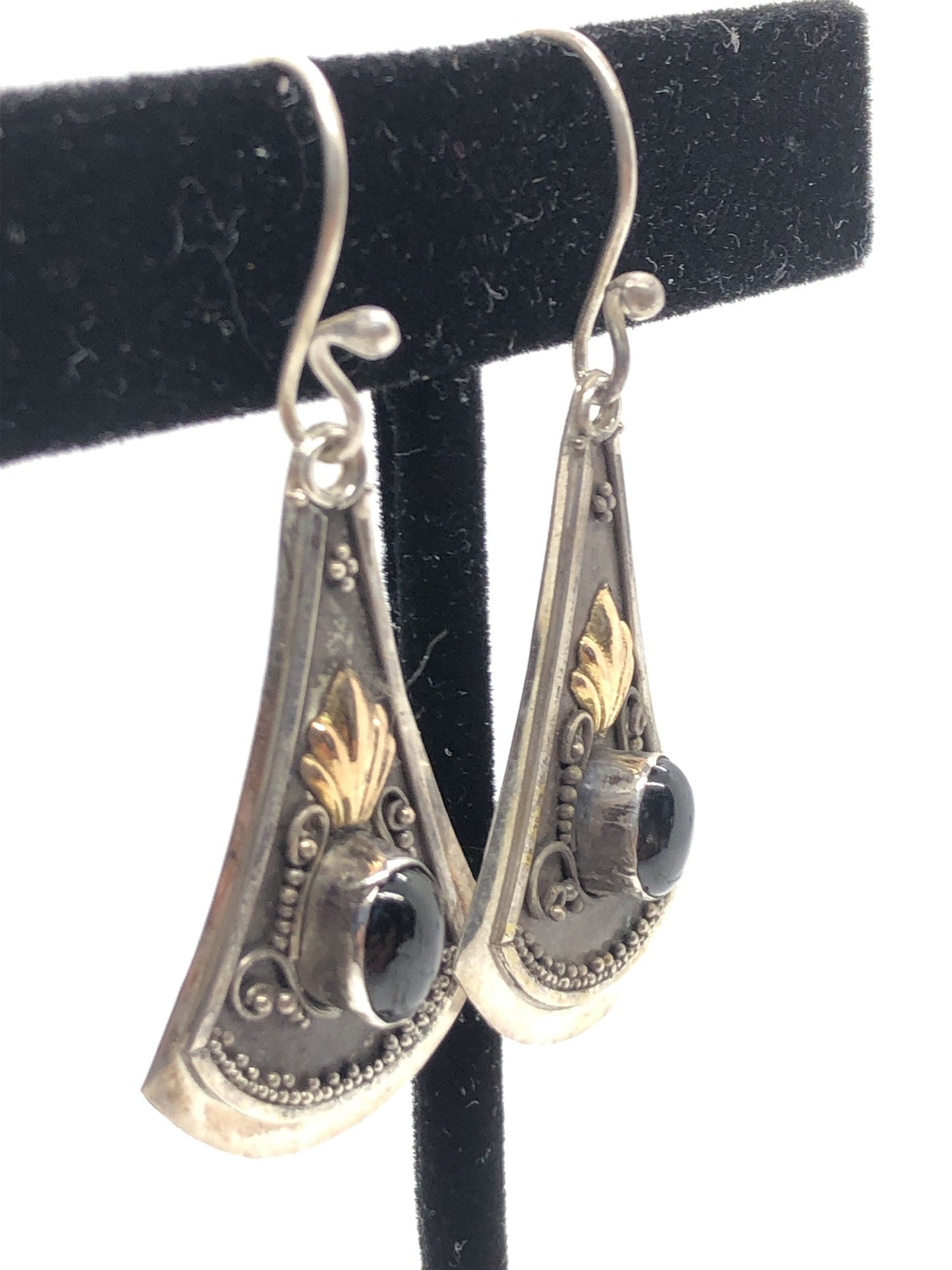 Large Handmade Sterling, Onyx  and gold wash french hook Earrings Indonesia, Vintage new old stock, Beautiful