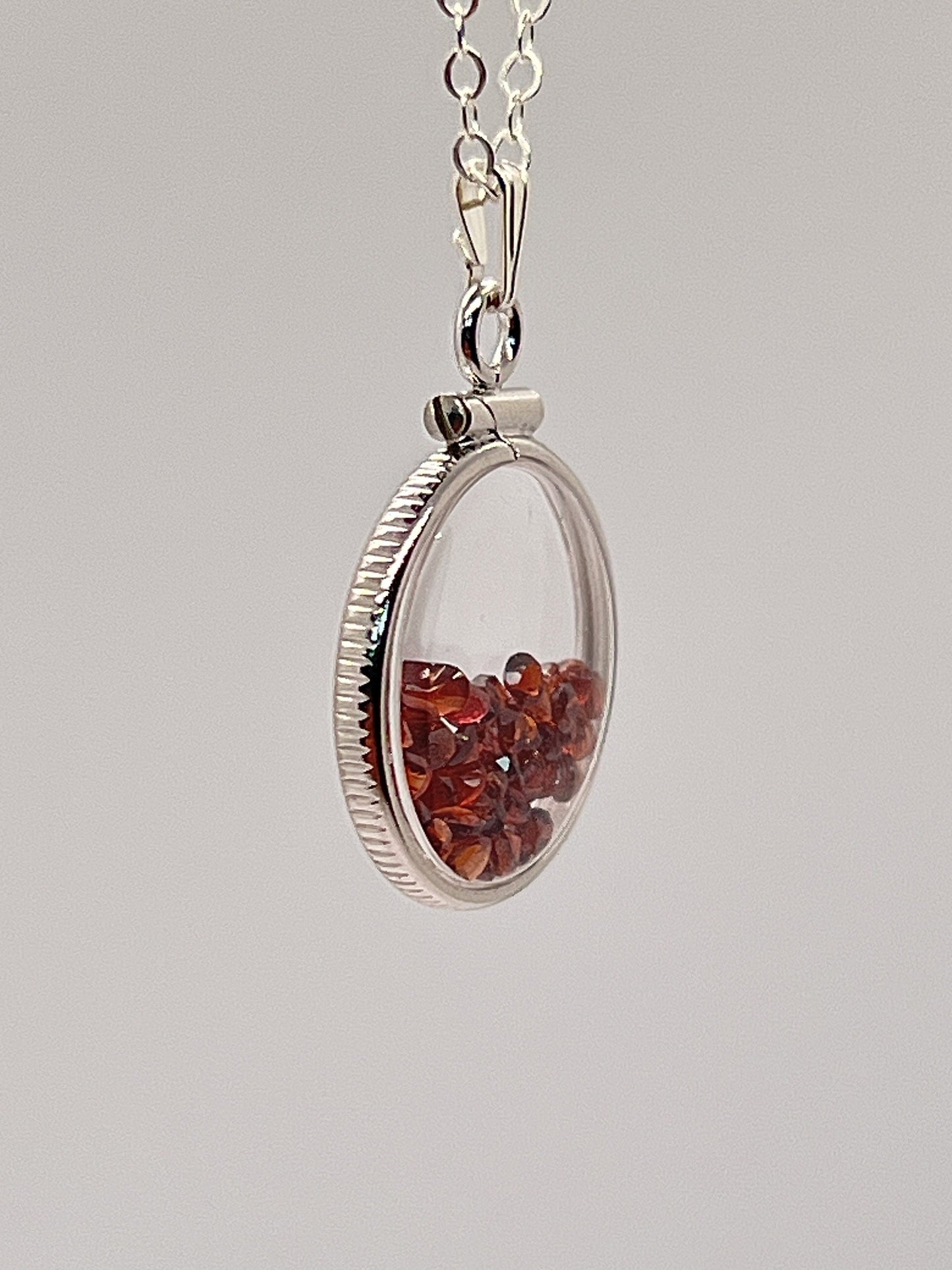 Handmade Dime Size Sterling Silver Garnet Shaker Locket Lucite View Locket, Necklace, Beautiful January Birthstone. 2.9 TCW, red round cut