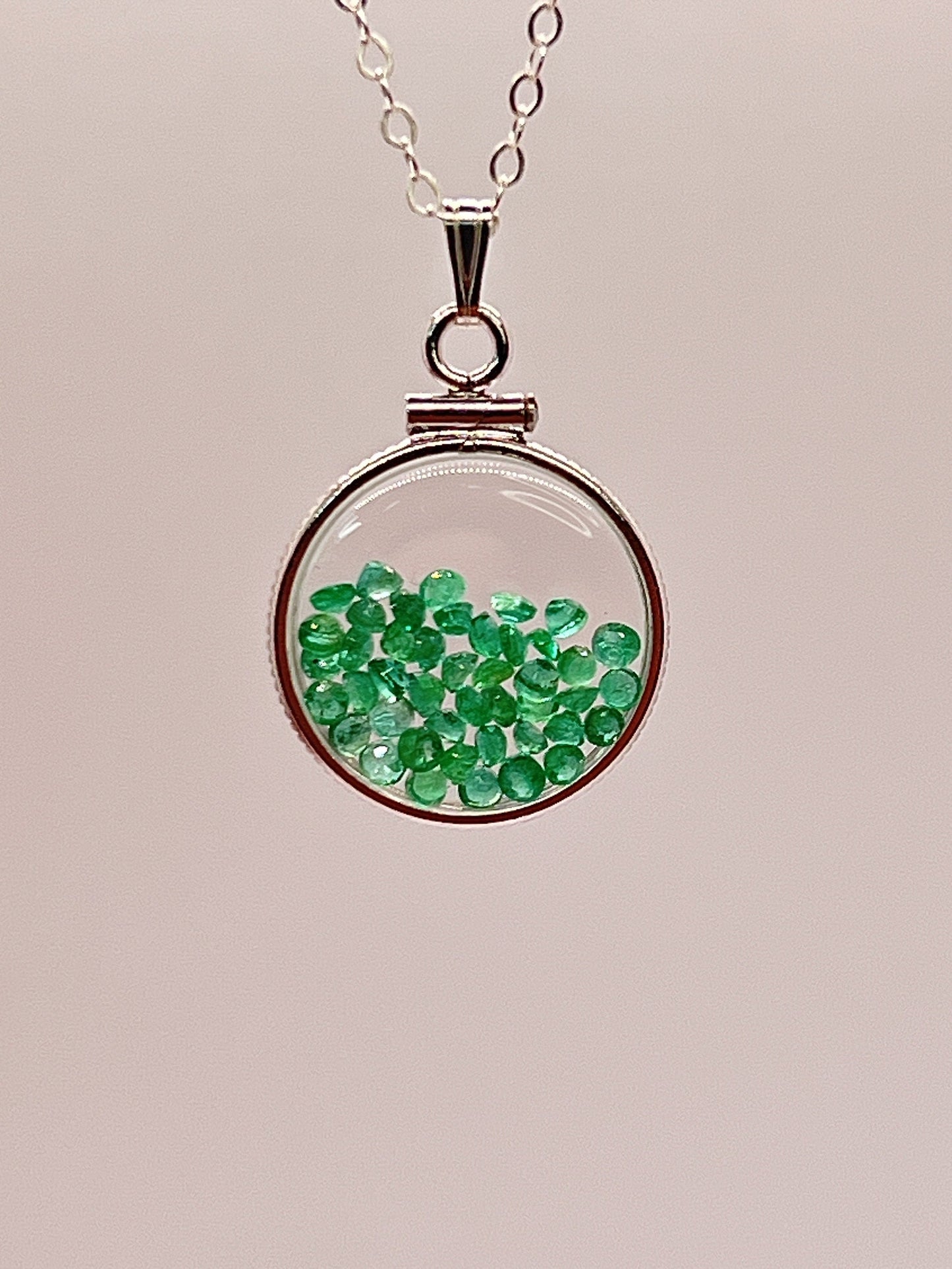 Handmade Dime Size  Sterling Silver Emerald Shaker Locket Lucite View Locket, Necklace, Beautiful May Birthstone. 2.0 TCW