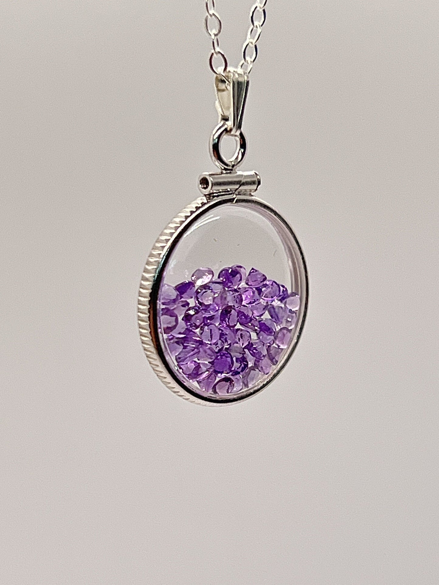 Handmade Dime Size Sterling Silver Amethyst Shaker Locket Lucite View Locket, Necklace, Beautiful February Birthstone. 2.0 TCW.
