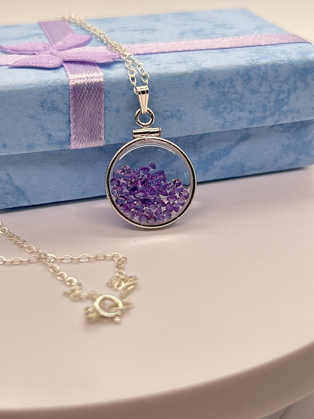 Handmade Dime Size Sterling Silver Amethyst Shaker Locket Lucite View Locket, Necklace, Beautiful February Birthstone. 2.0 TCW.