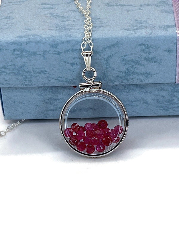 Handmade Dime size  Sterling Silver Ruby Shaker Locket Lucite View Locket, Necklace, Beautiful JULY Birthstone. 2.5 TCW round cut rubies