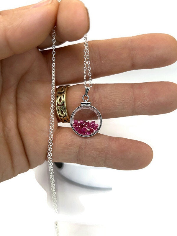 Handmade Dime size  Sterling Silver Ruby Shaker Locket Lucite View Locket, Necklace, Beautiful JULY Birthstone. 2.5 TCW round cut rubies