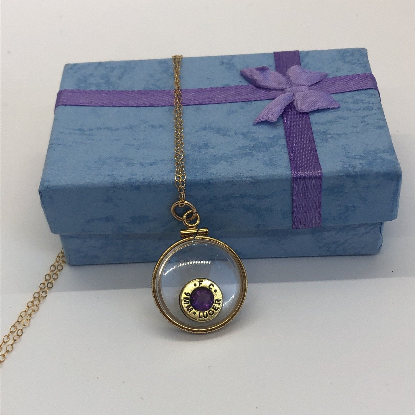 Handmade 14k gold filled 9 mm bullet view  locket, finished with a 0.5 CT, 5mm genuine Amethyst gemstone, February birthday