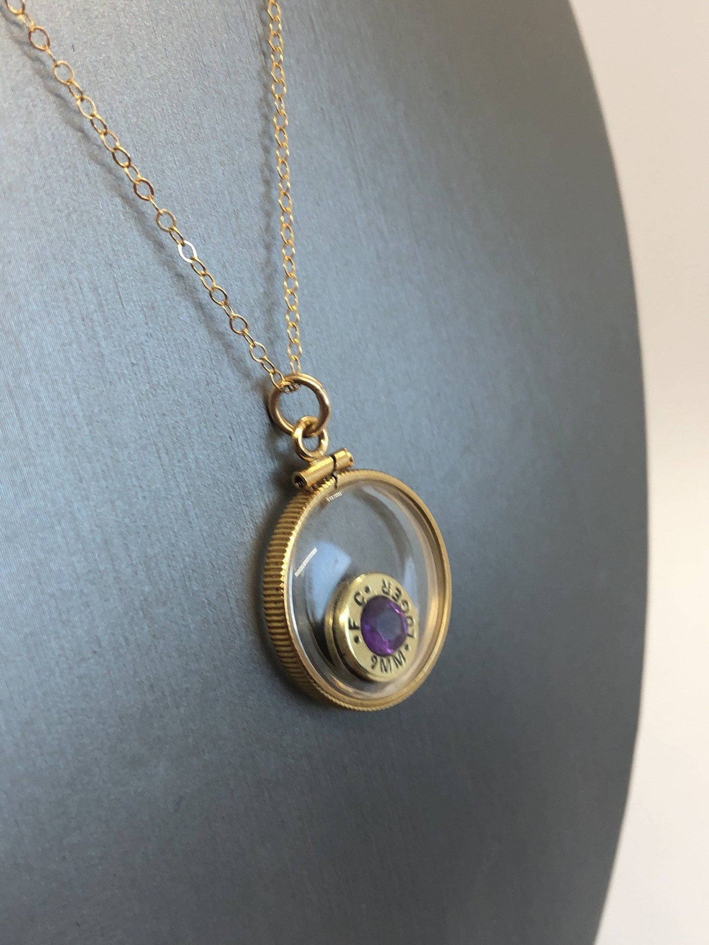 Handmade 14k gold filled 9 mm bullet view  locket, finished with a 0.5 CT, 5mm genuine Amethyst gemstone, February birthday