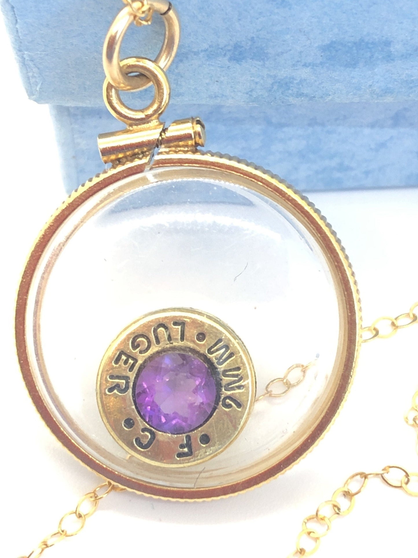 Handmade 14k gold filled 9 mm bullet view  locket, finished with a 0.5 CT, 5mm genuine Amethyst gemstone, February birthday