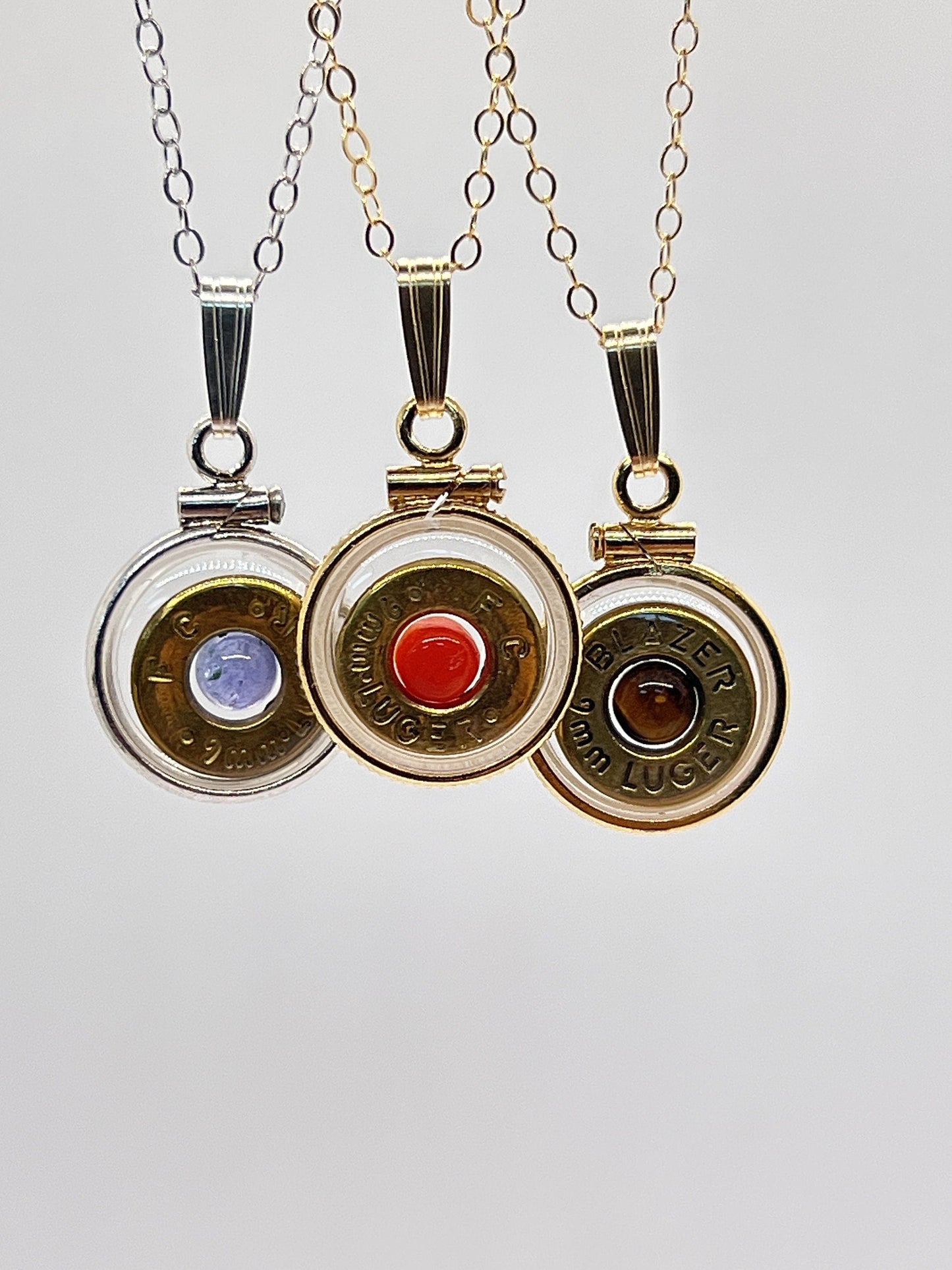 Handmade 14k gold filled 9mm bullet view locket, finished with a genuine gemstone, Ruby, sapphire,lapis, moonstone, peridot, tiger eye