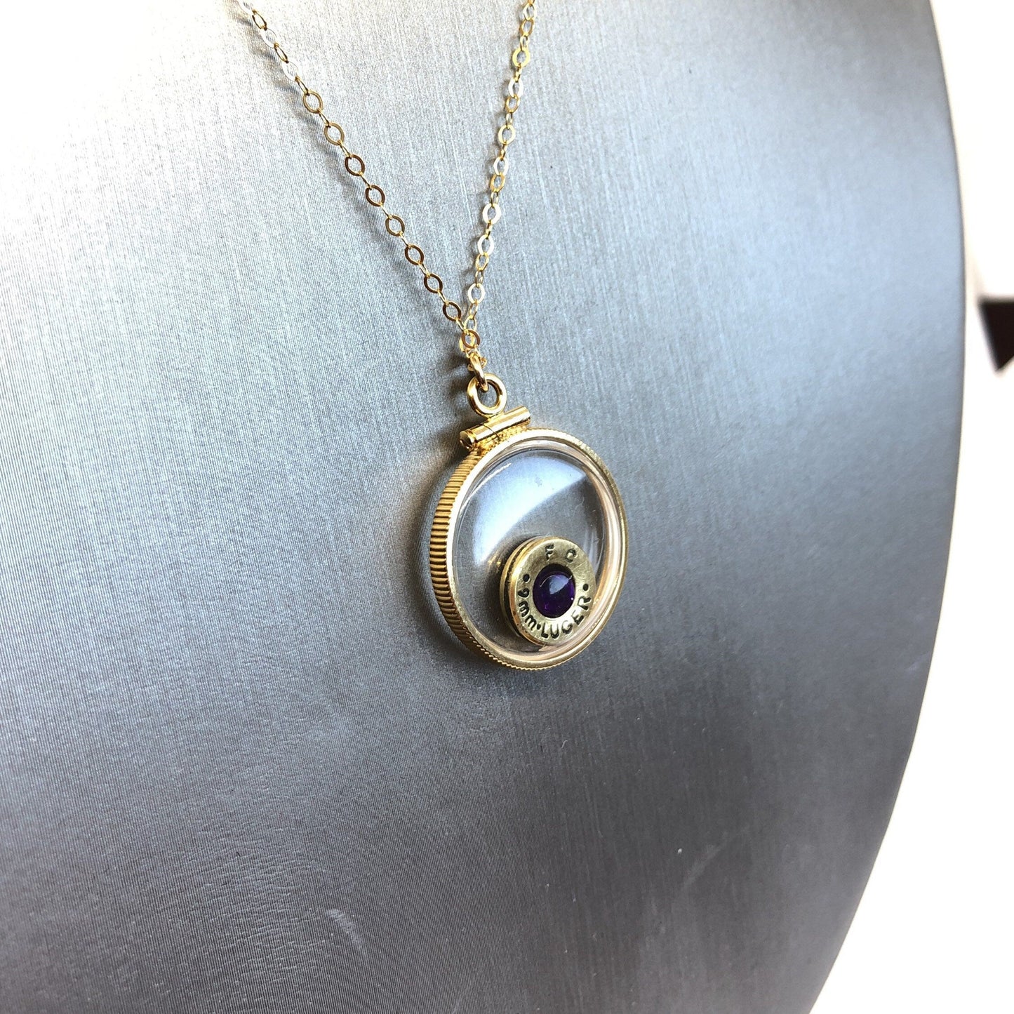 Handmade 14k gold filled 9 mm bullet view  locket, finished with a 0.4 CT, 4mm genuine Amethyst gemstone, February birthday