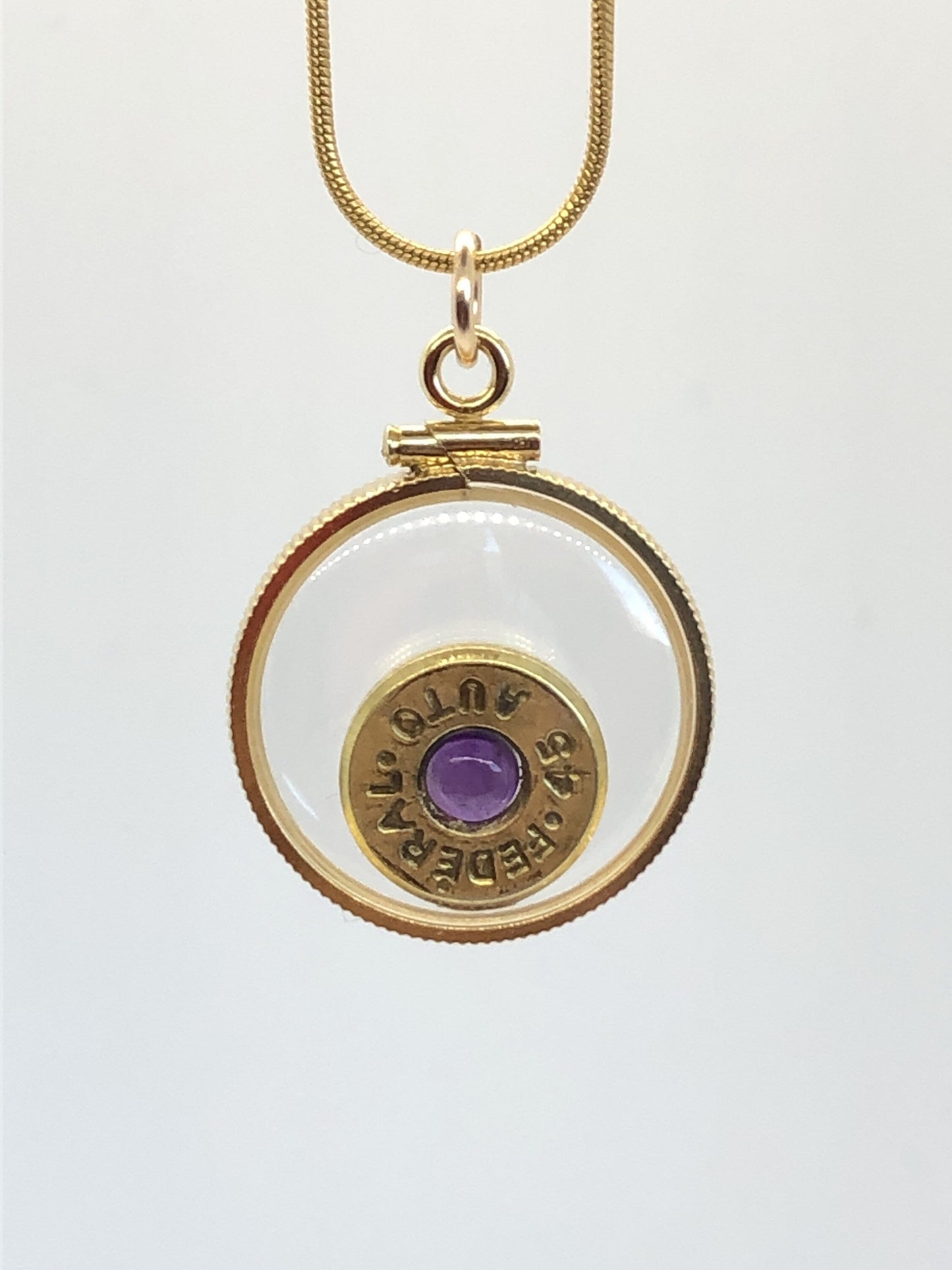 Winchester 45 cal. bullet necklace,  back to back view locket, 14k gold filled locket-new with genuine floating Amethyst.