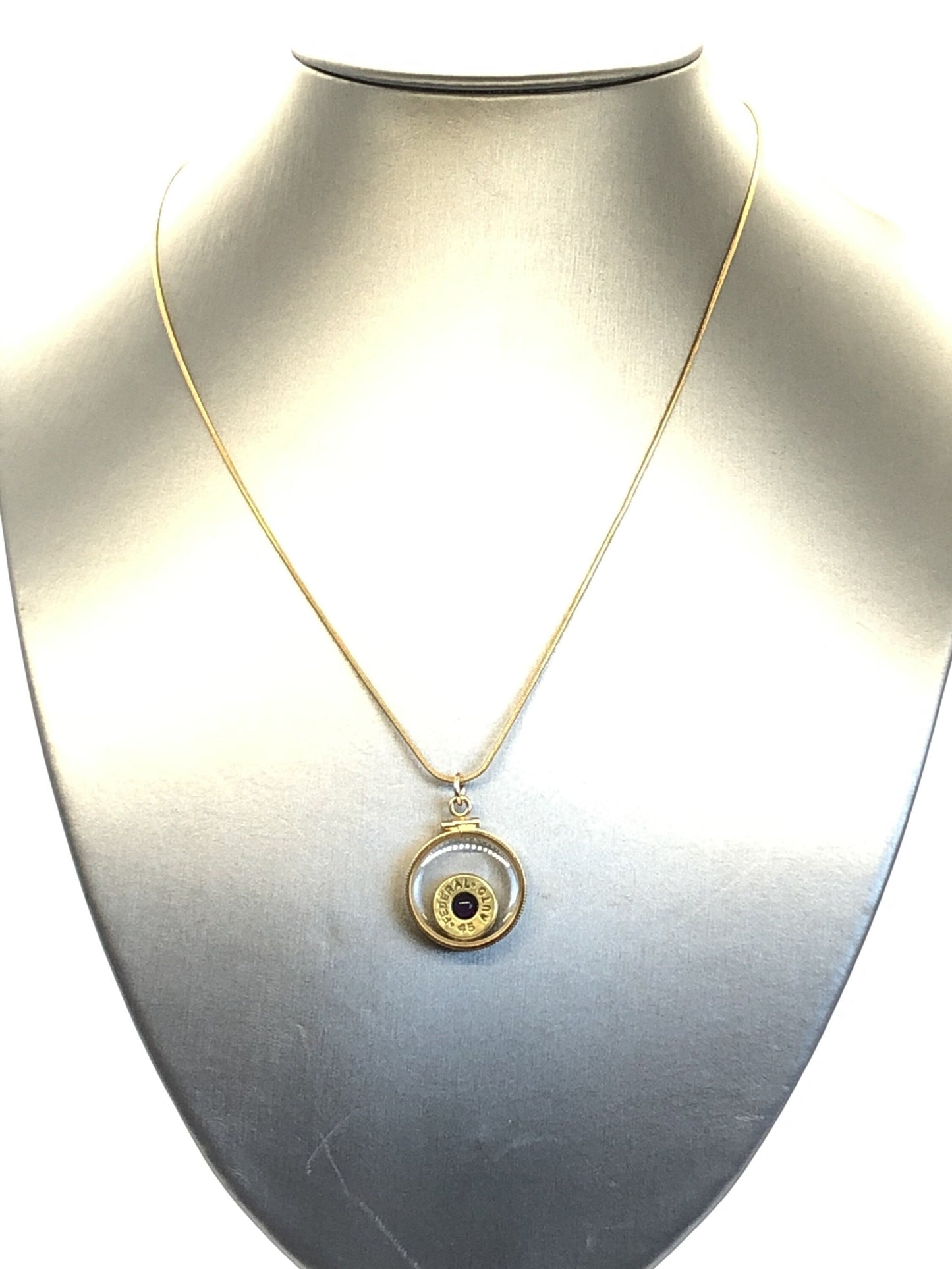 Winchester 45 cal. bullet necklace,  back to back view locket, 14k gold filled locket-new with genuine floating Amethyst.