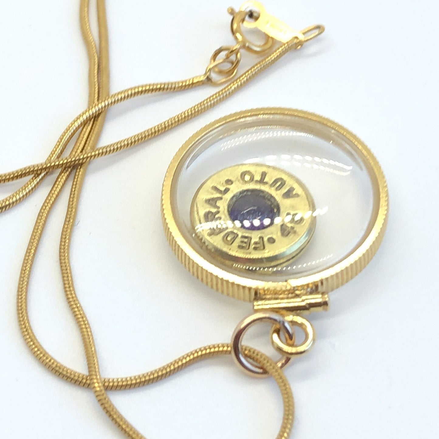Winchester 45 cal. bullet necklace,  back to back view locket, 14k gold filled locket-new with genuine floating Amethyst.