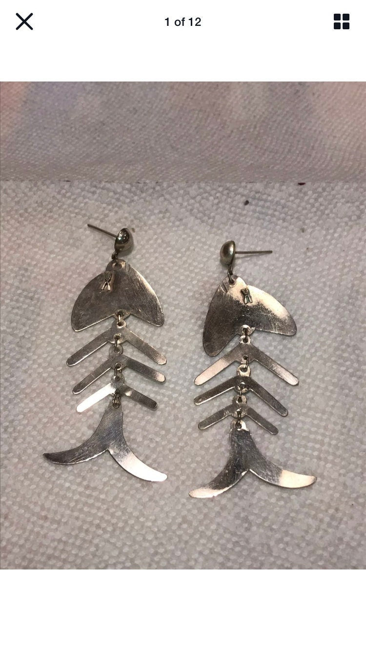 Sterling Silver Cute fish bone earrings new vintage old stock, Indonesia