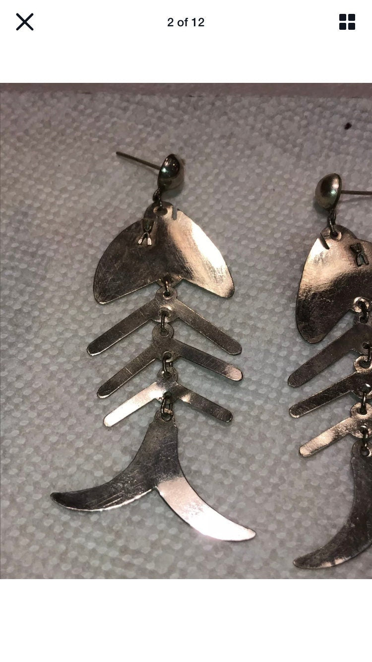 Sterling Silver Cute fish bone earrings new vintage old stock, Indonesia
