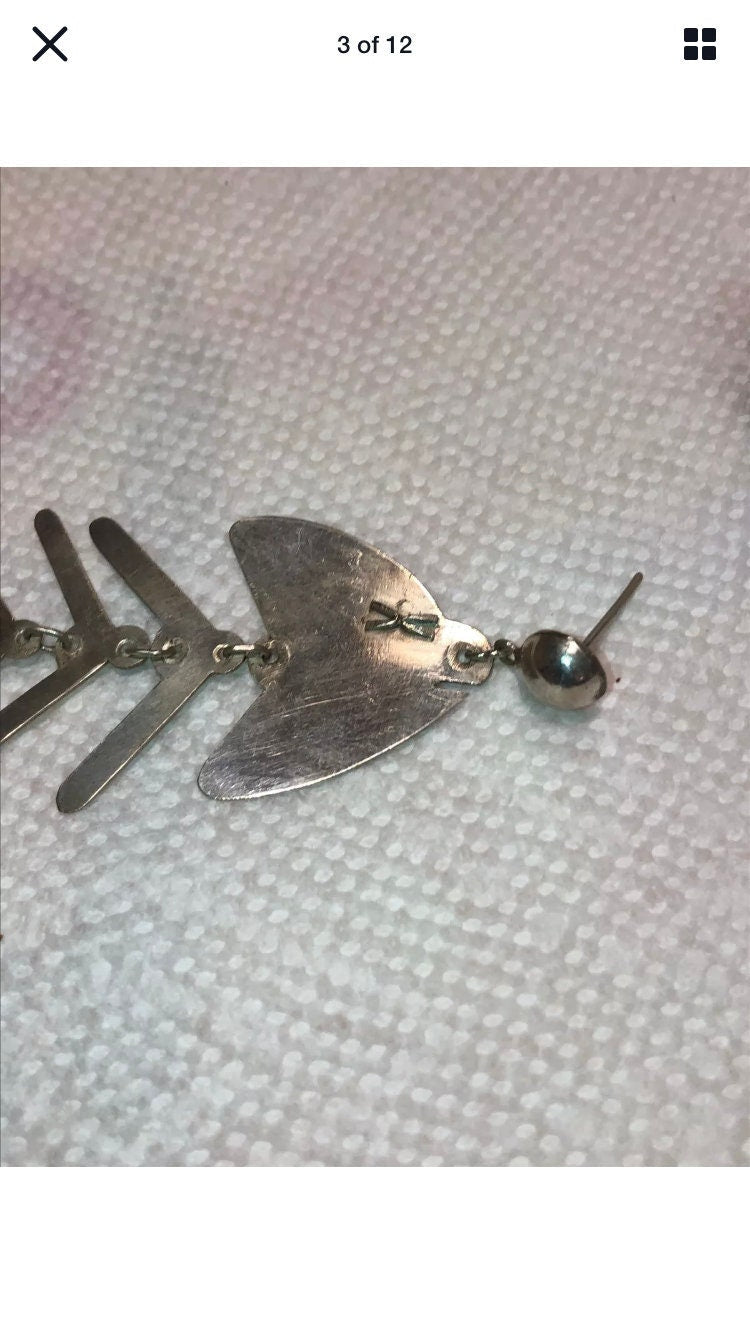 Sterling Silver Cute fish bone earrings new vintage old stock, Indonesia