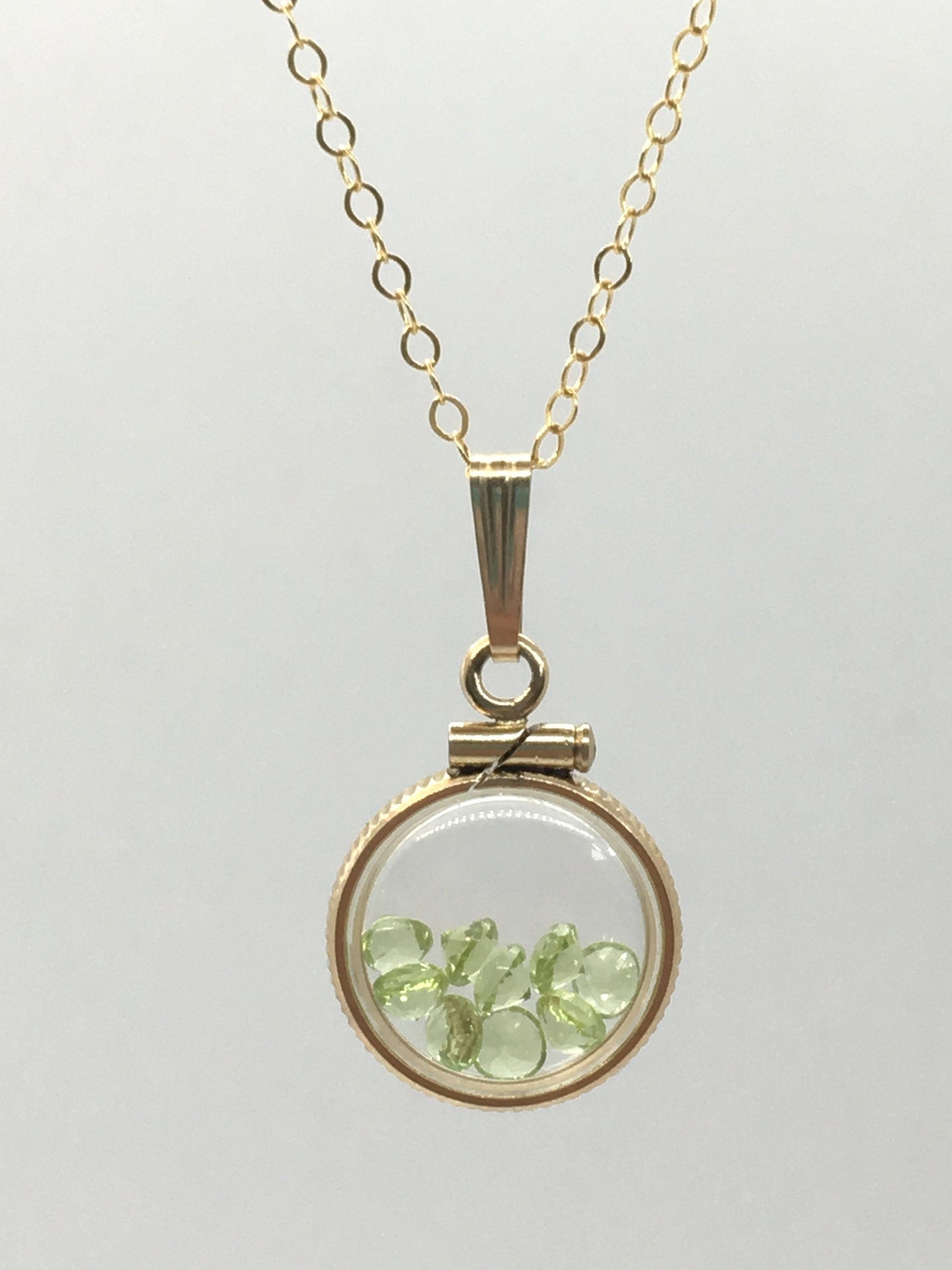 Diminutive Handmade Peridot Shaker Locket 14k gold filled or Silver with beautiful August Birthstone, .9 TCW