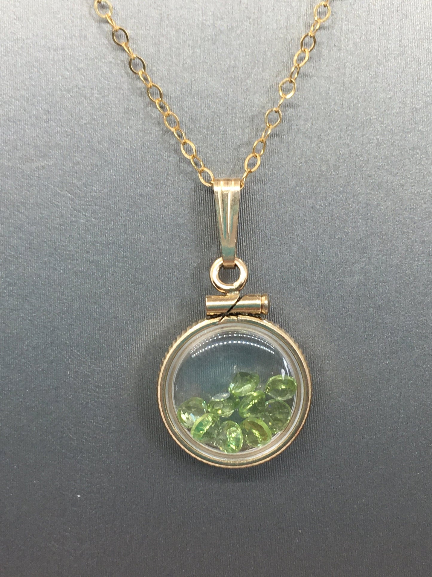 Diminutive Handmade Peridot Shaker Locket 14k gold filled or Silver with beautiful August Birthstone, .9 TCW