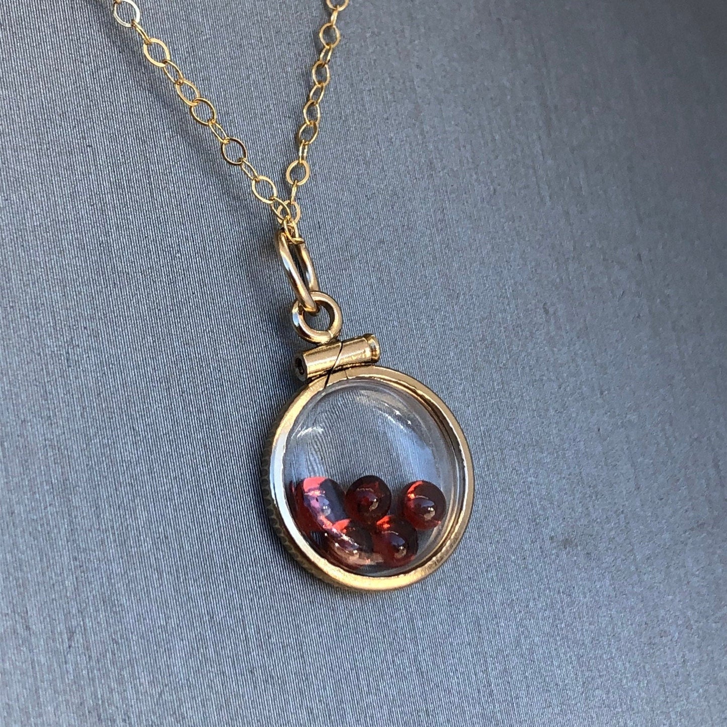 Dainty Handmade garnet shaker locket, 14k gold filled w/ 1.1 TCW of genuine gems, January birthstone, with chain