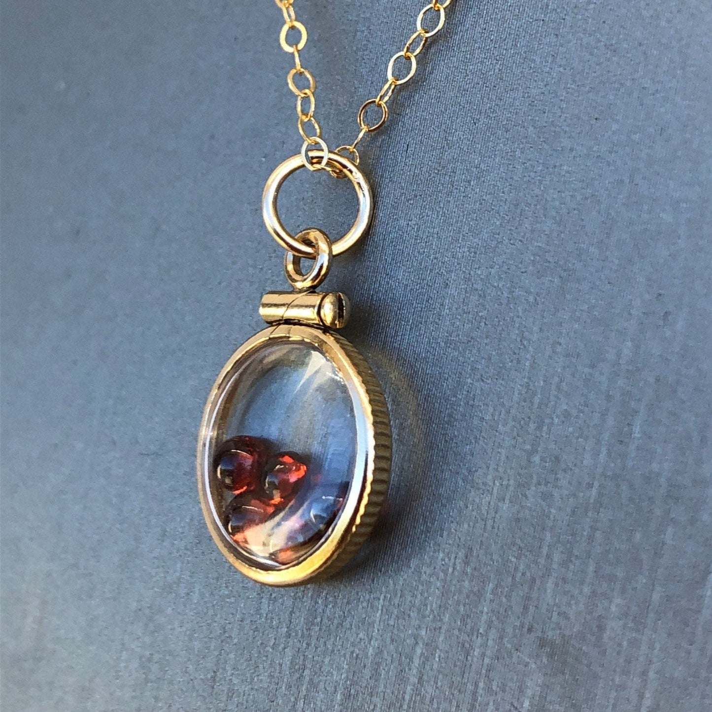 Dainty Handmade garnet shaker locket, 14k gold filled w/ 1.1 TCW of genuine gems, January birthstone, with chain