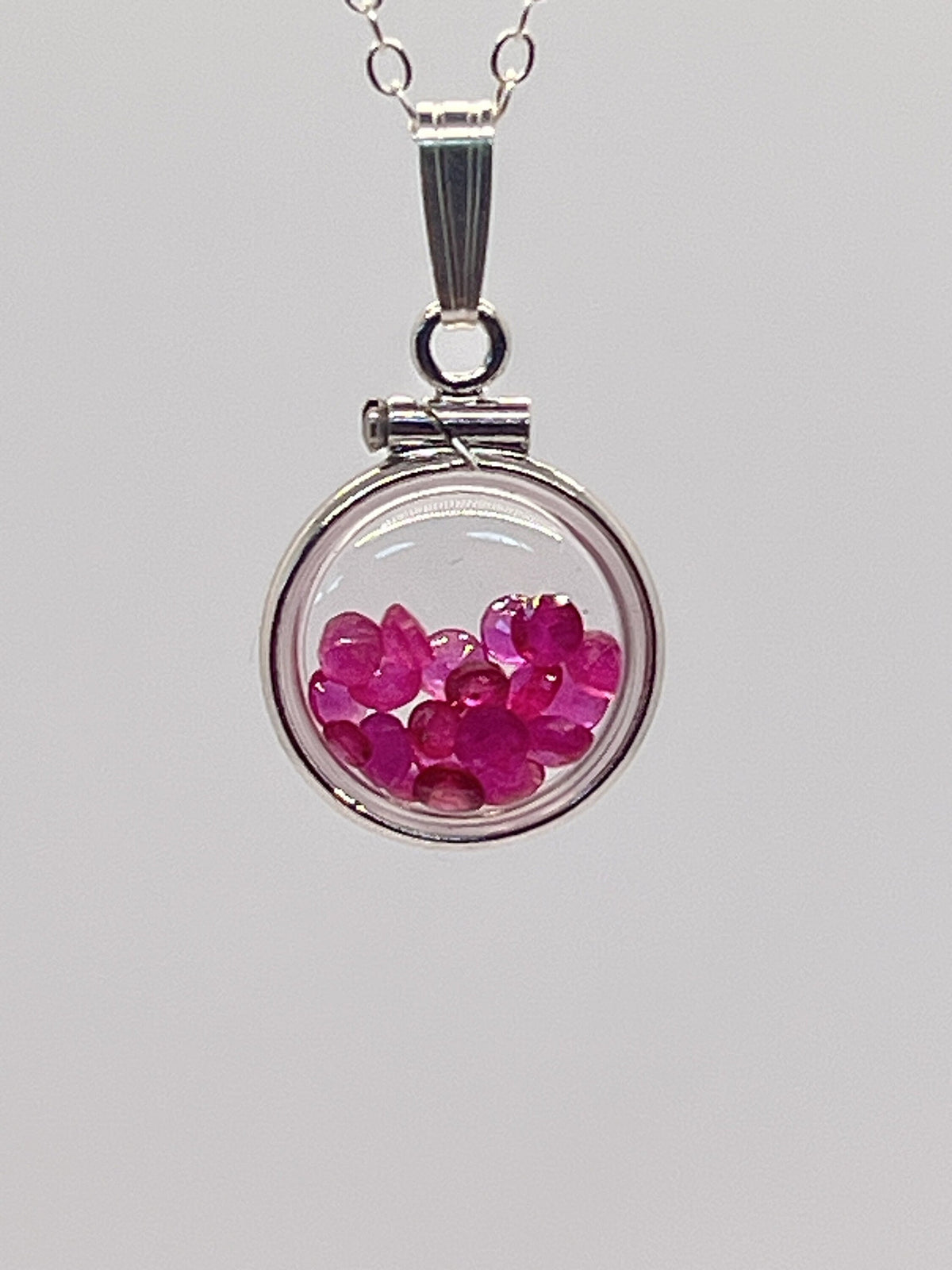 Handmade Diminutive Sterling Silver Ruby Shaker Locket Lucite View Locket, Necklace, Beautiful JULY Birthstone. 1.65 TCW round cut rubies