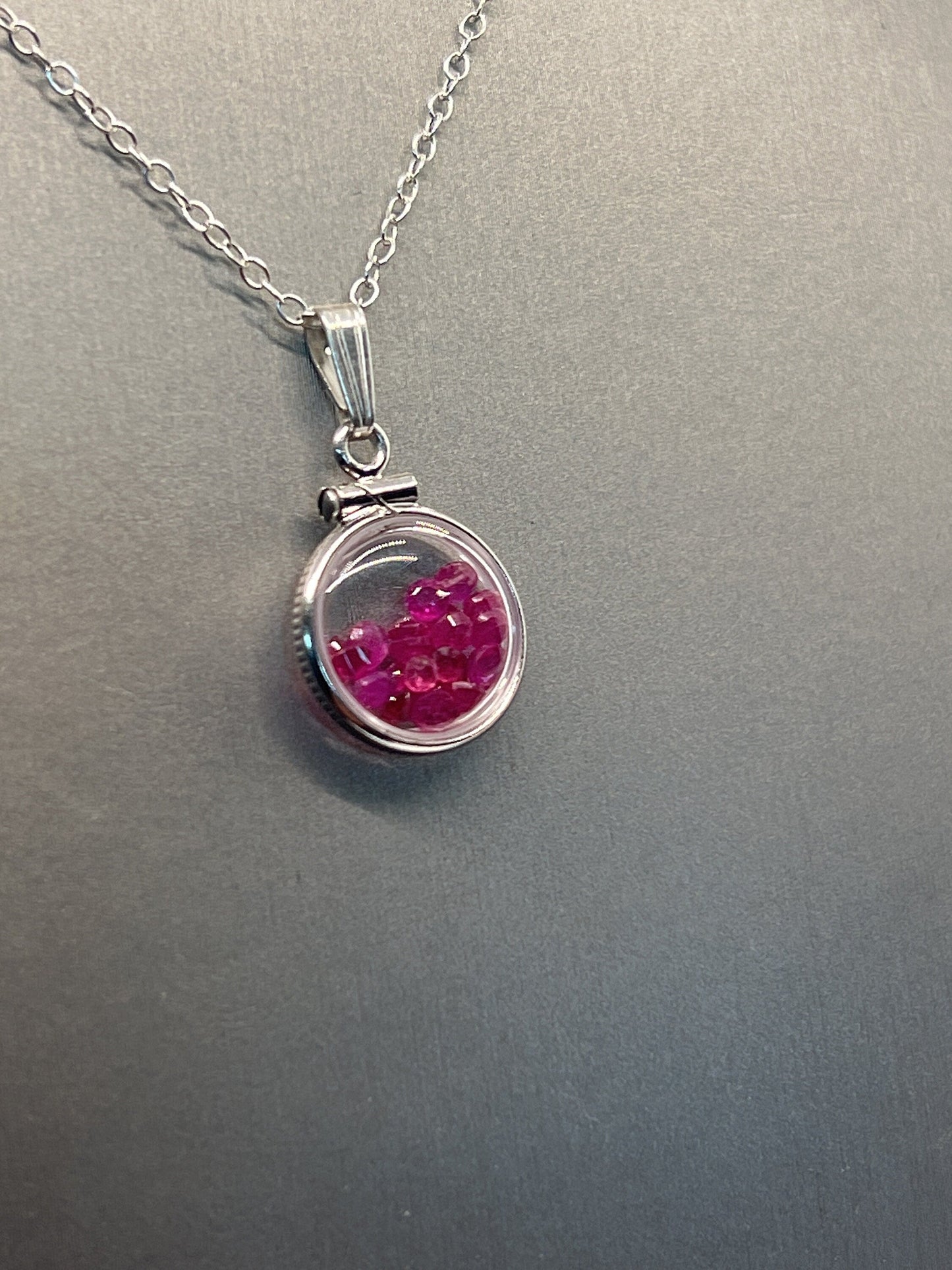 Handmade Diminutive Sterling Silver Ruby Shaker Locket Lucite View Locket, Necklace, Beautiful JULY Birthstone. 1.65 TCW round cut rubies