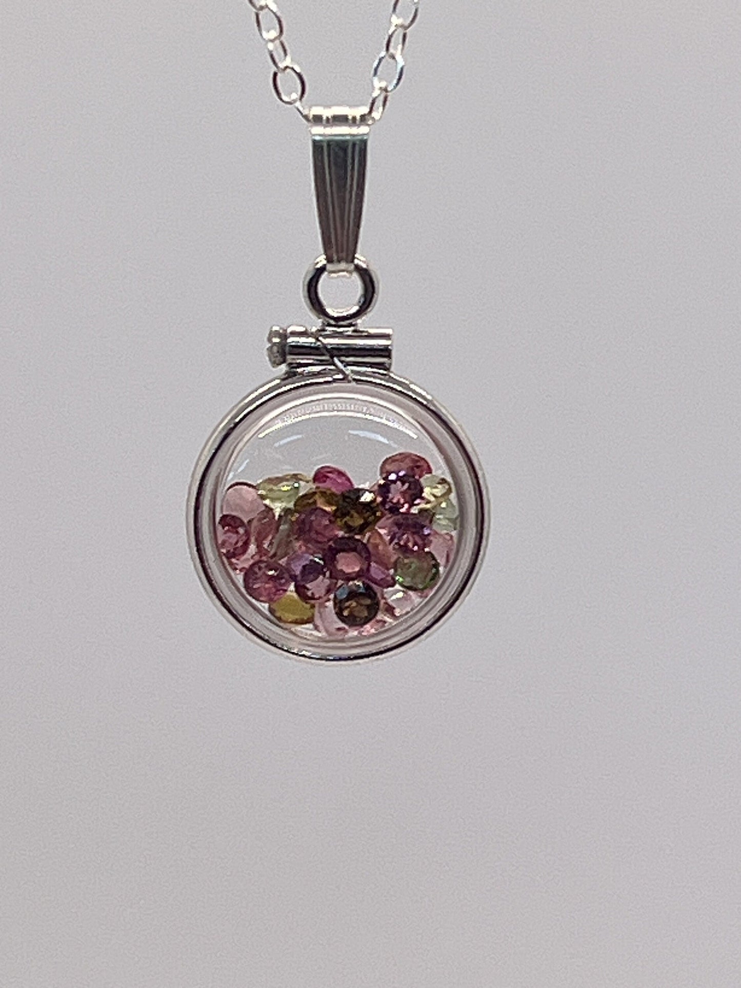 Handmade Diminutive Sterling Silver Multicolor Tourmaline Shaker Locket Lucite View Locket, Necklace, Beautiful October Birthstone. 1.4 TCW
