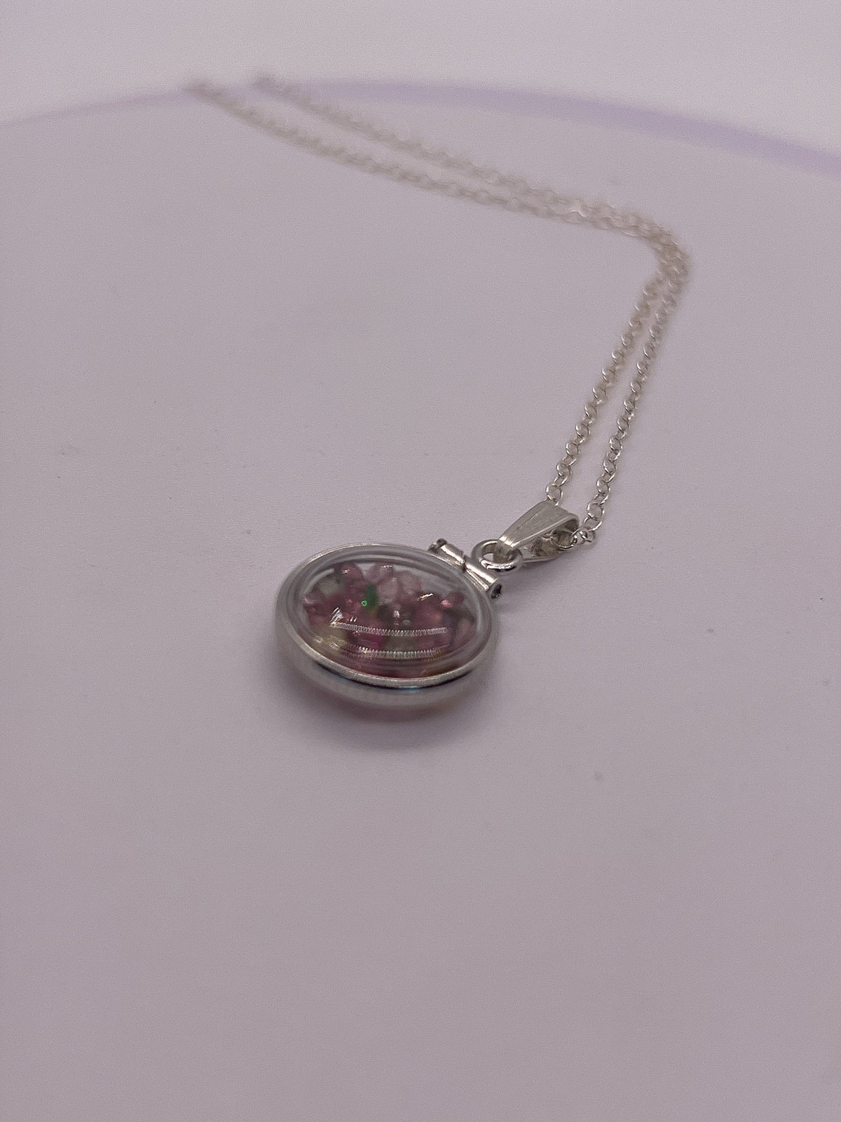 Handmade Diminutive Sterling Silver Multicolor Tourmaline Shaker Locket Lucite View Locket, Necklace, Beautiful October Birthstone. 1.4 TCW