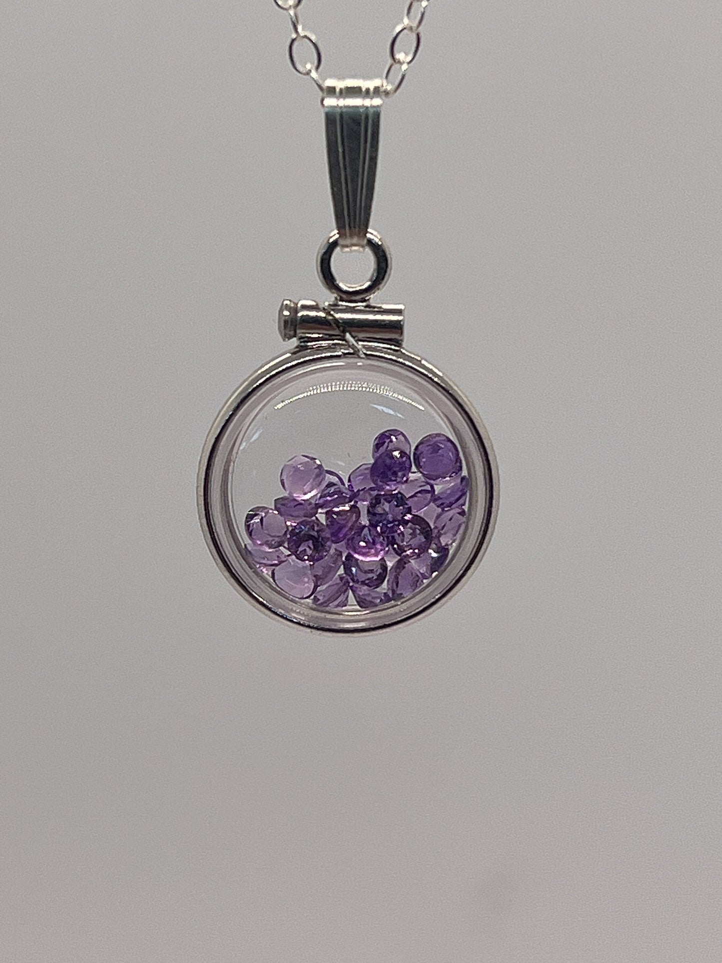 Handmade Diminutive Sterling Silver Amethyst Shaker Locket Lucite View Locket, Necklace, Beautiful February Birthstone. 1.2 TCW