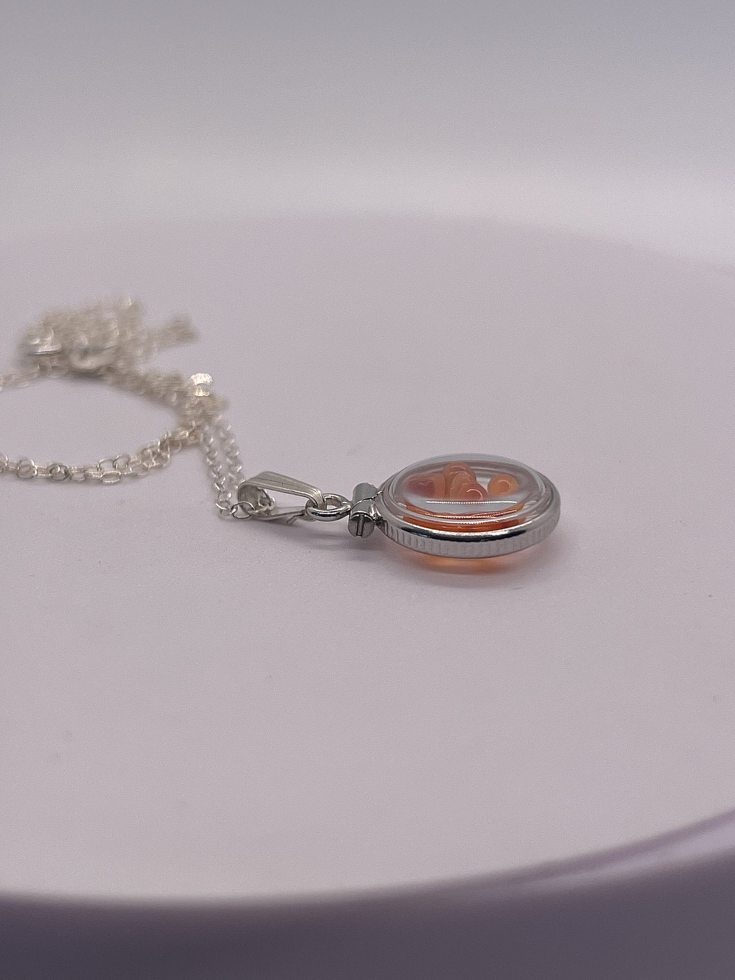 Handmade Diminutive Sterling Silver Carnelian Shaker Locket Lucite View Locket, Necklace, Beautiful natural orange cabochons. 1.25 TCW