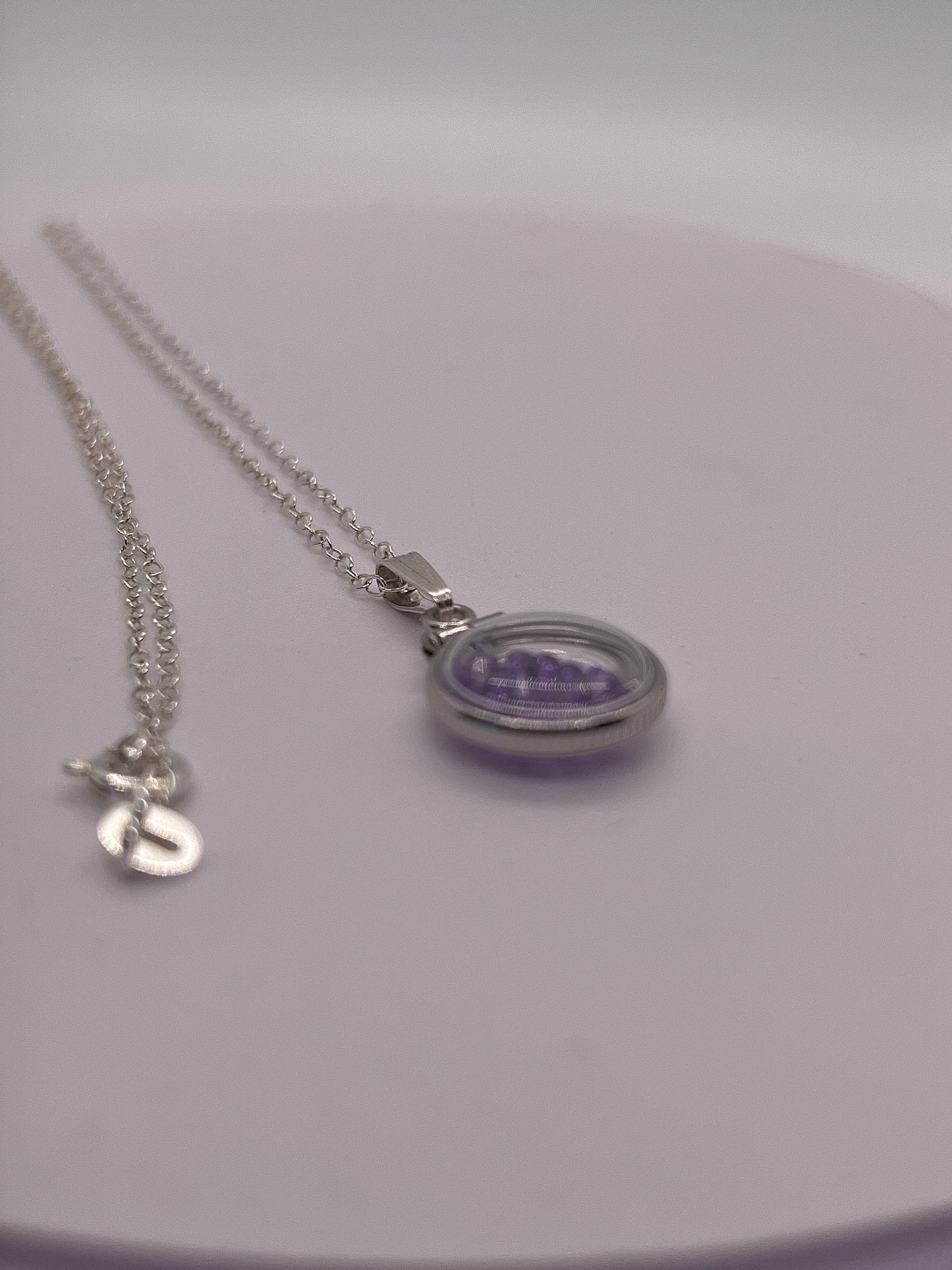 Handmade Diminutive Sterling Silver Amethyst Shaker Locket Lucite View Locket, Necklace, Beautiful February Birthstone. 1.2 TCW