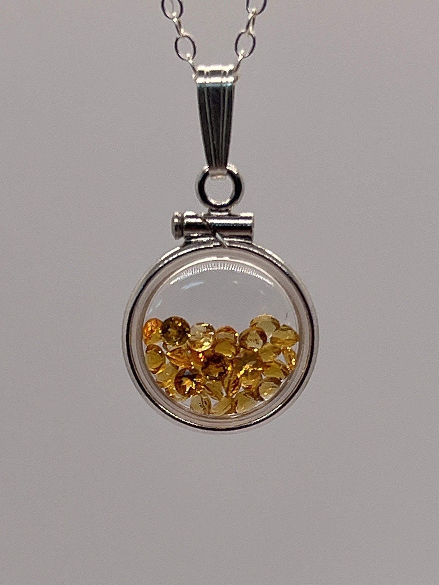 Handmade Diminutive Sterling Silver Citrine Shaker Locket Lucite View Locket, Necklace, Beautiful November Birthstone. 1.15 TCW