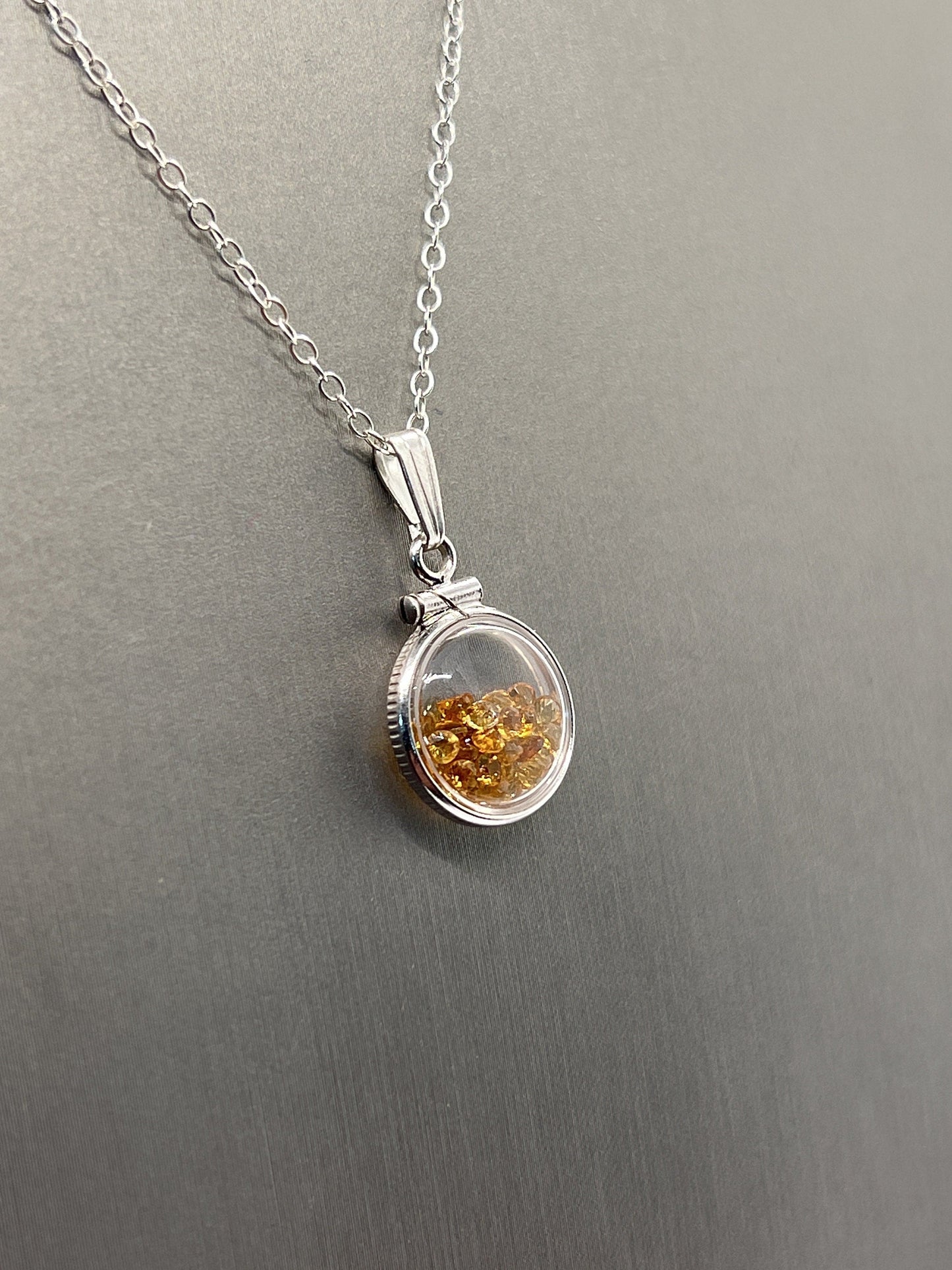 Handmade Diminutive Sterling Silver Citrine Shaker Locket Lucite View Locket, Necklace, Beautiful November Birthstone. 1.15 TCW