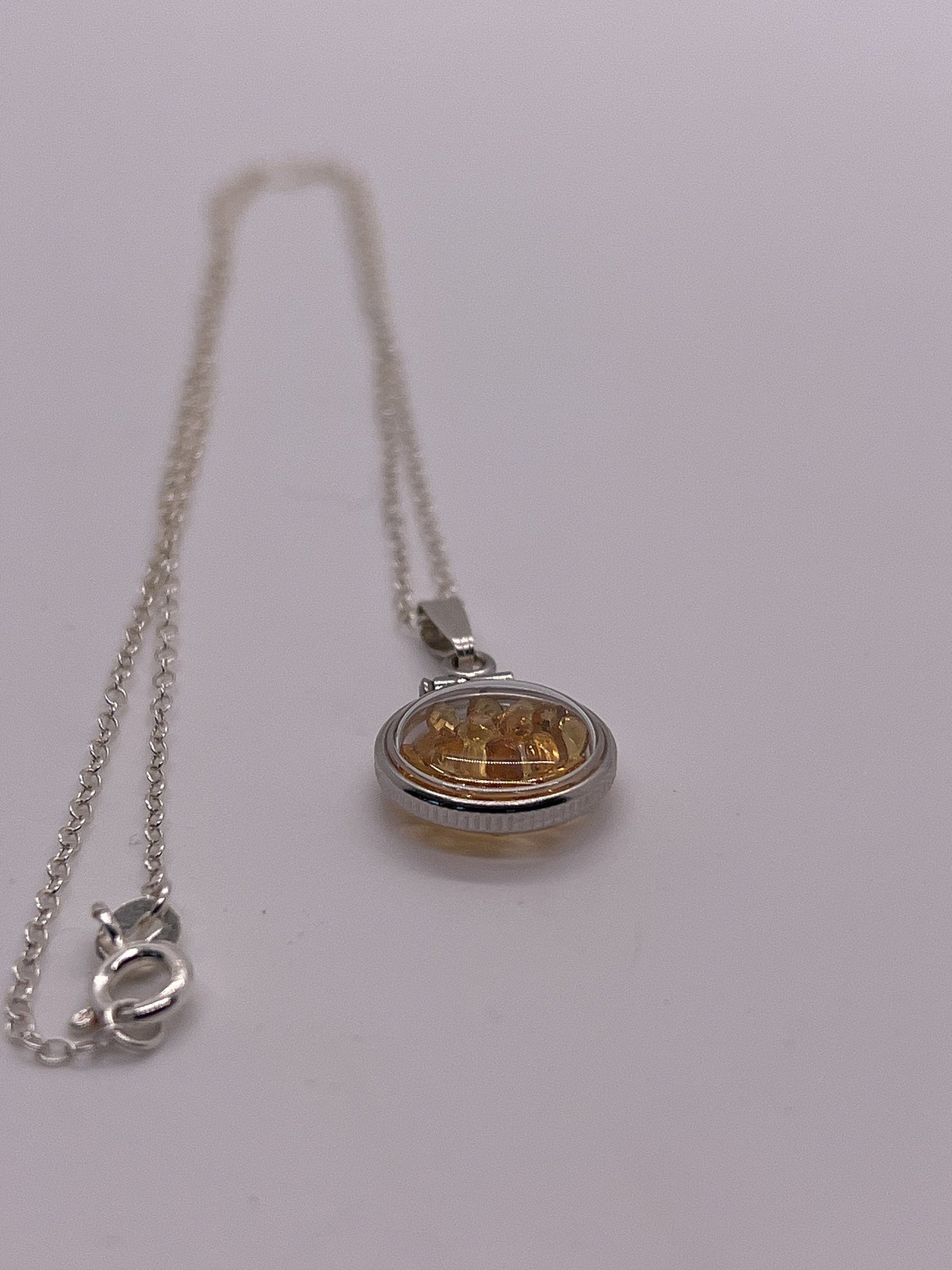 Handmade Diminutive Sterling Silver Citrine Shaker Locket Lucite View Locket, Necklace, Beautiful November Birthstone. 1.15 TCW
