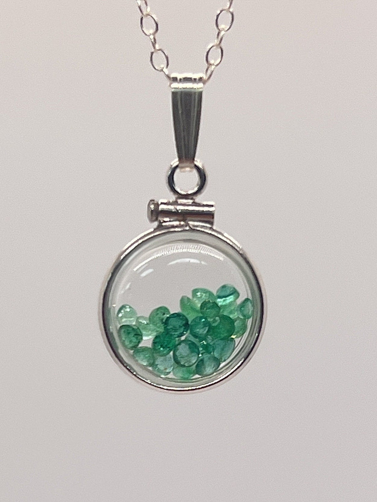 Handmade Diminutive Sterling Silver Emerald Shaker Locket Lucite View Locket, Necklace, Beautiful May Birthstone. 1.4 TCW