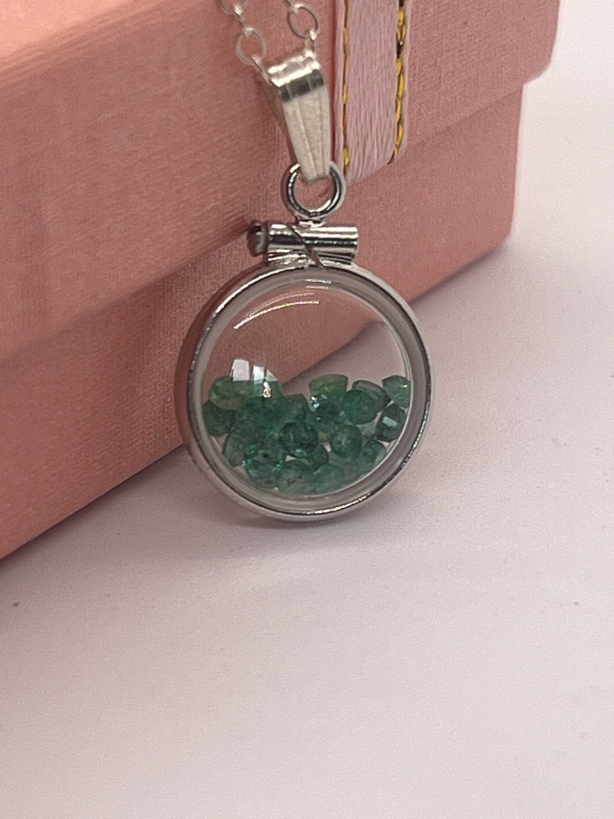 Handmade Diminutive Sterling Silver Emerald Shaker Locket Lucite View Locket, Necklace, Beautiful May Birthstone. 1.4 TCW