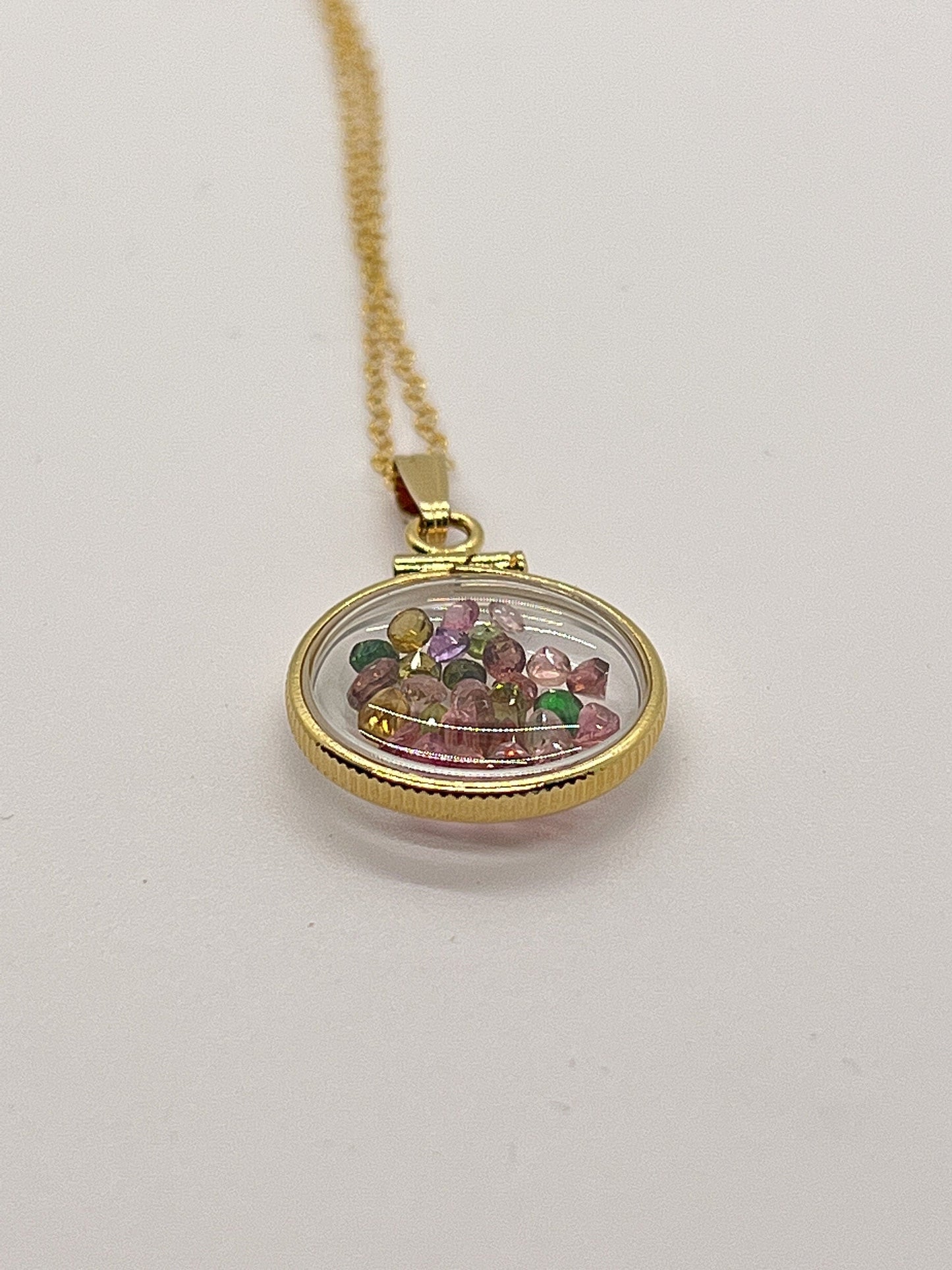 14k Solid Gold Handmade Dime-size Tourmaline Shaker Locket  Lucite View Locket, Necklace,Beautiful October Birthstone.